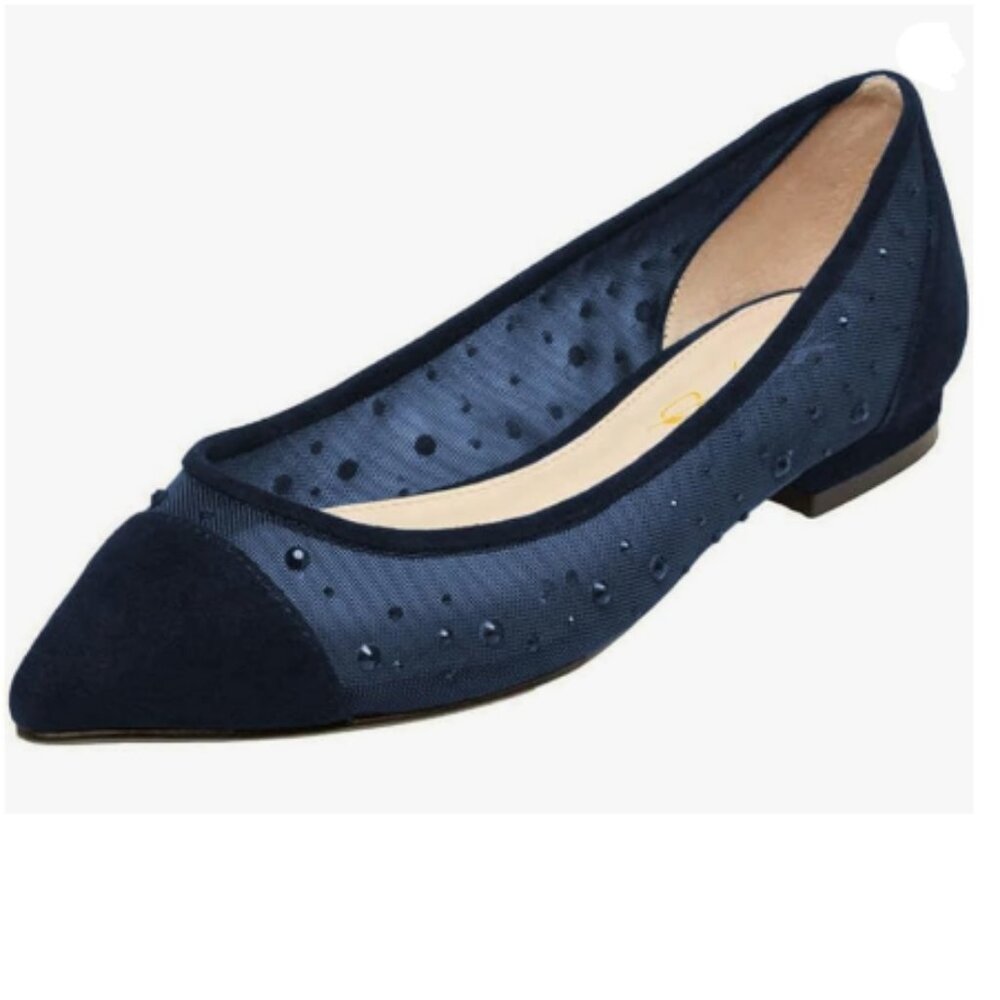 XYD Navy Pointed Toe Mesh Crystals Flats Cap Toe Slip On Slight Low Heel Shoes